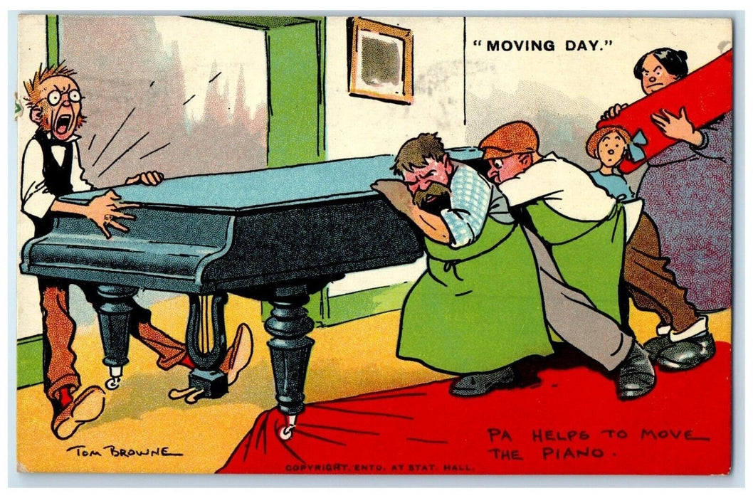 1909 Moving Day Man Squeeze Helps To Move The Piano Boston MA Antique Postcard