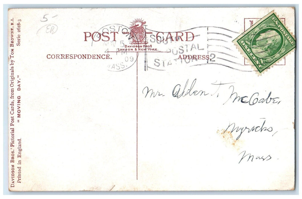 1909 Moving Day Man Squeeze Helps To Move The Piano Boston MA Antique Postcard