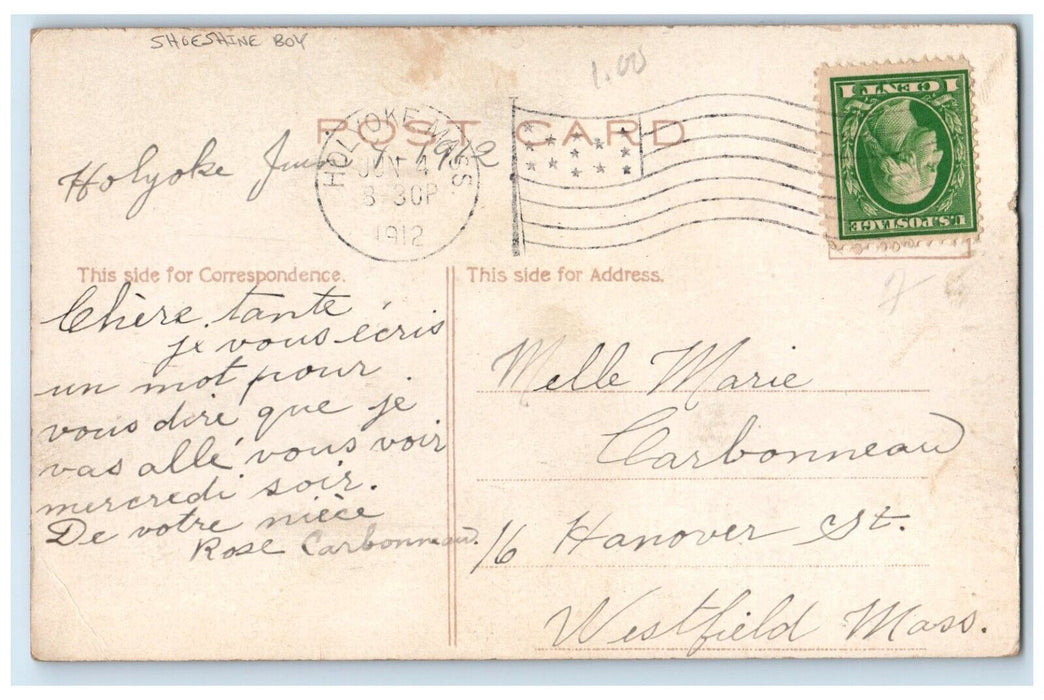1912 Woman Shoeshine Boy Holyoke Massachusetts MA Posted Antique Postcard