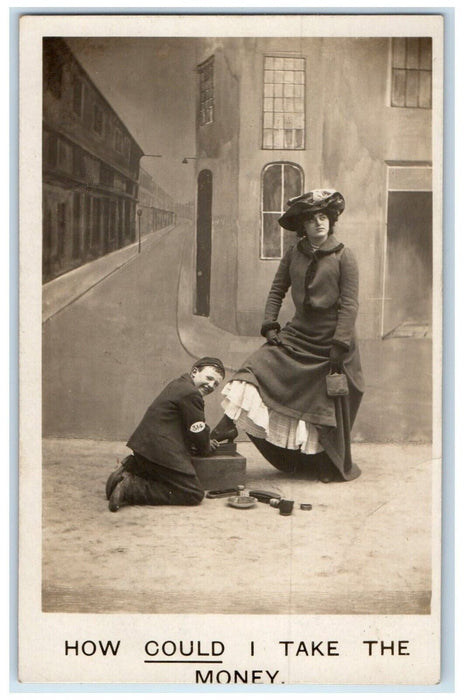 1906 Pretty Woman Shoeshine Boy Minnewaska New York NY RPPC Photo Postcard