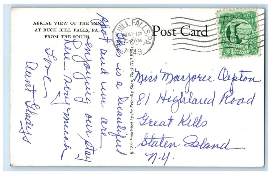 1949 Aerial View Inn South Exterior Field Buck Hill Falls Pennsylvania Postcard
