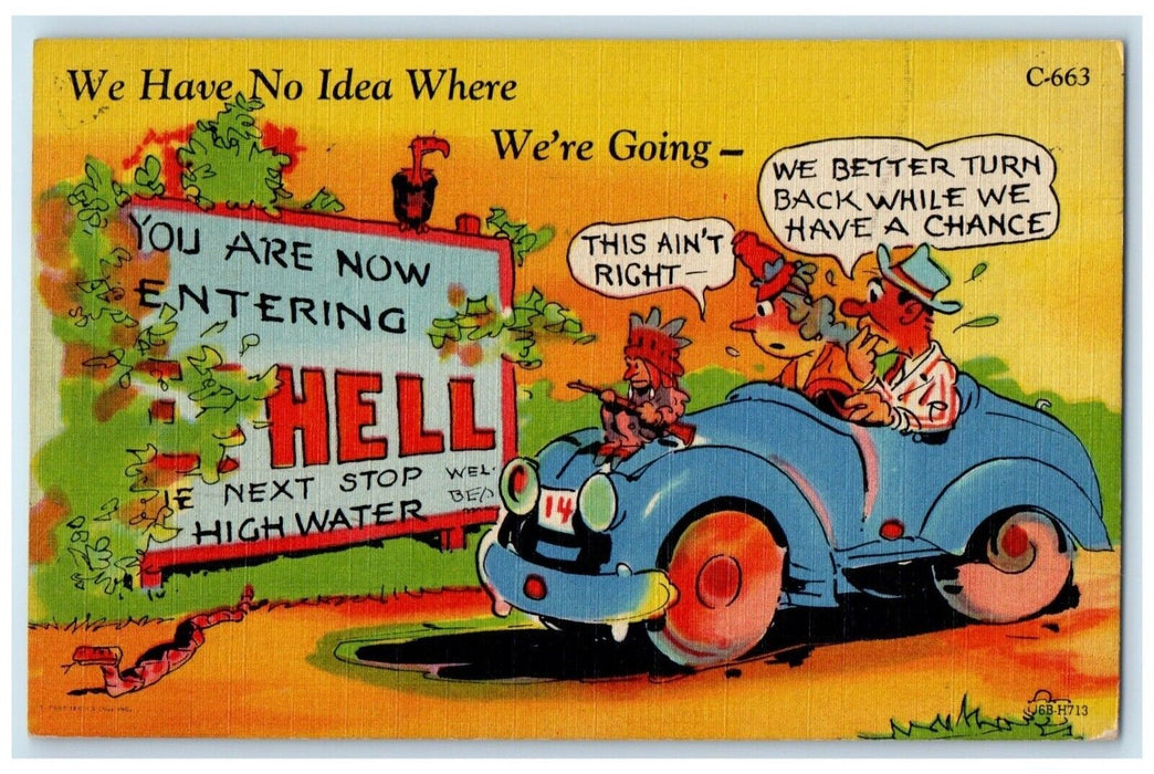 1948 Boys Riding Car Snake No Idea Where We're Going Hell Michigan MI Postcard