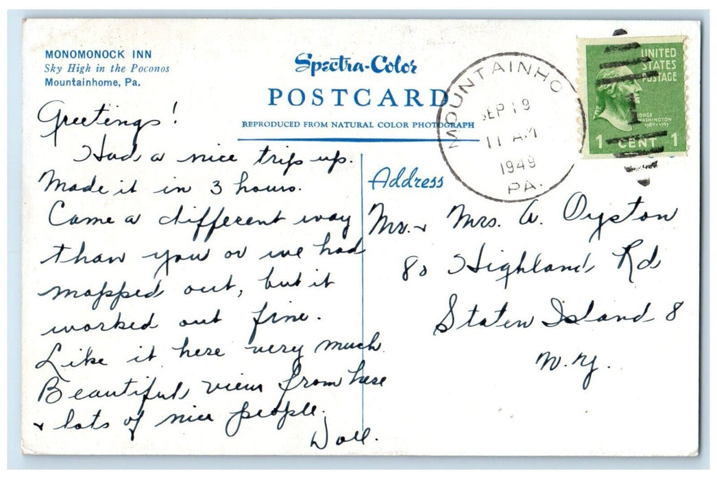 1949 Monomonock Inn Sky High Poconos Exterior Mountainhome Pennsylvania Postcard