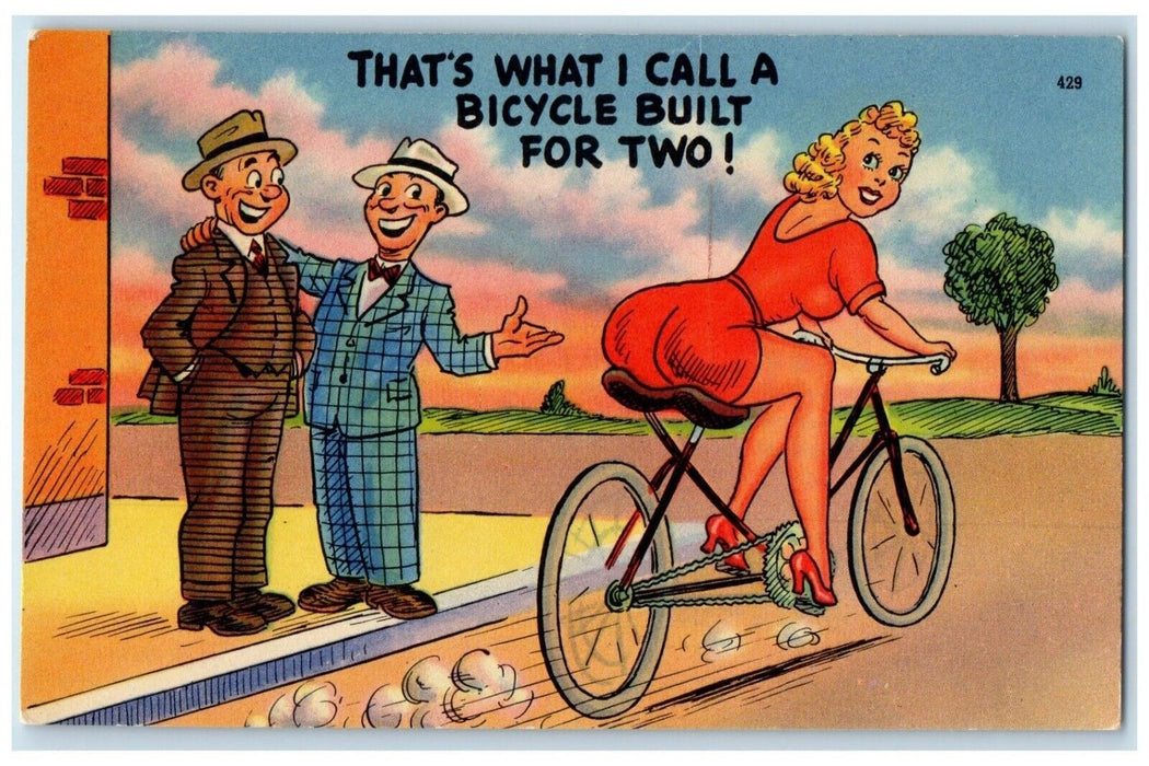 c1940's Woman Big Butt Bicycle "Built for Two" Risque Comic Humor Postcard