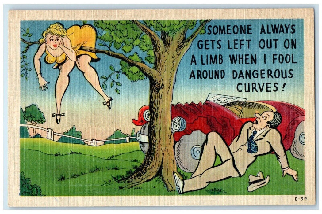 c1910's Sexy Woman On Top Of Tree Branch Car Accident Unposted Antique Postcard