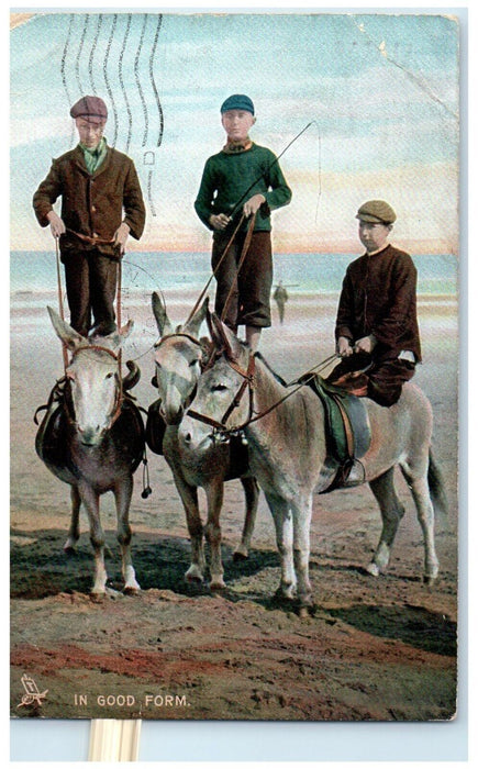 1907 Boys Ride Donkey Beach Scene Tuck's Charlottetown Canada Antique Postcard