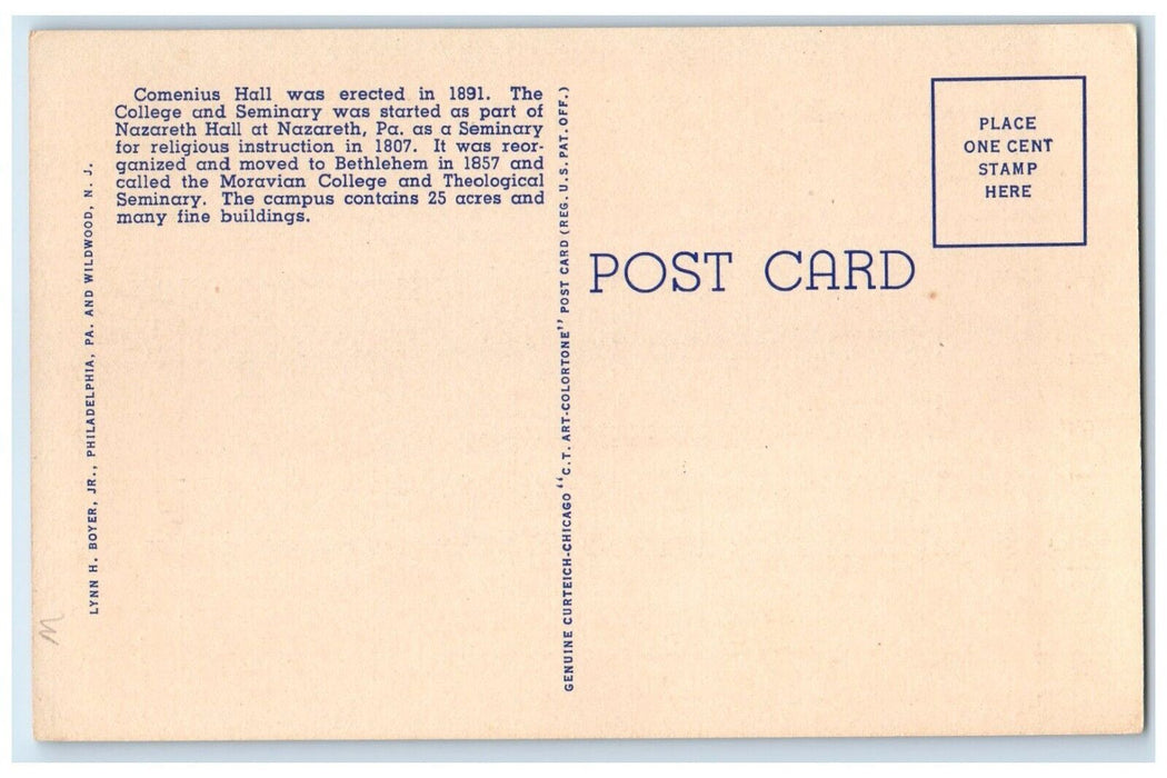c1940 Comenius Hall Moravian College Theological Seminary Pennsylvania Postcard