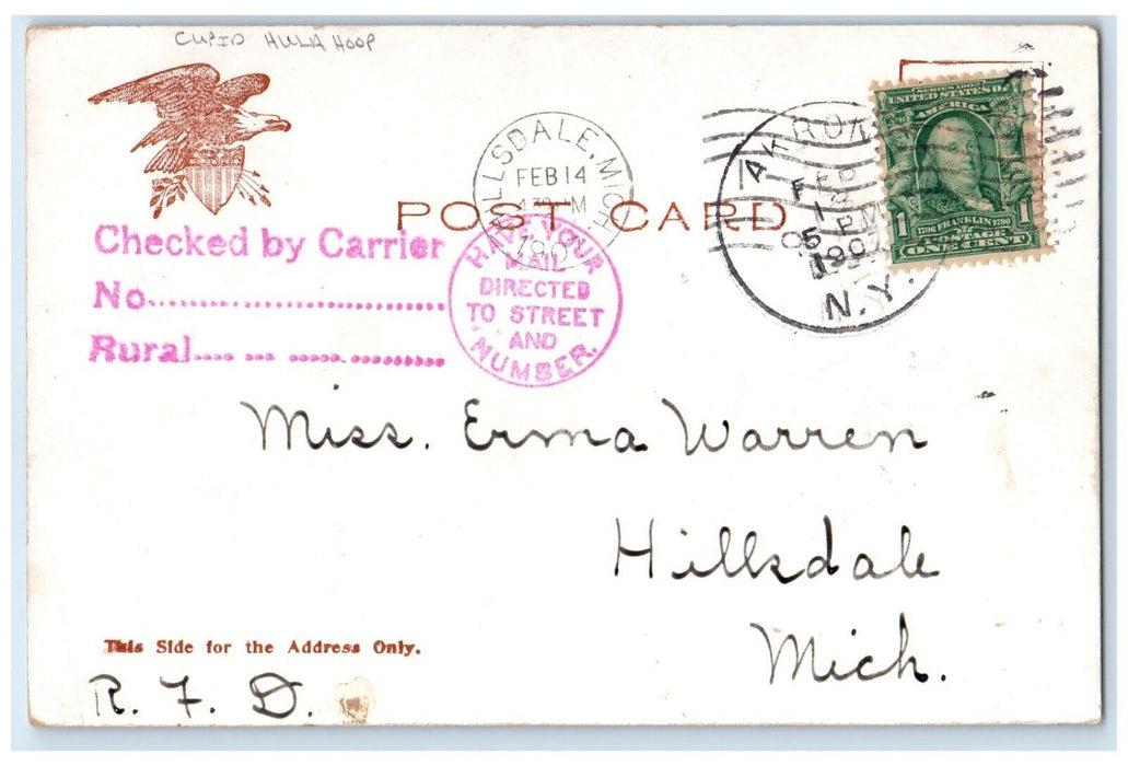 1907 Pretty Woman Cupid Hula Hoop Hillsdale Michigan MI Antique Postcard