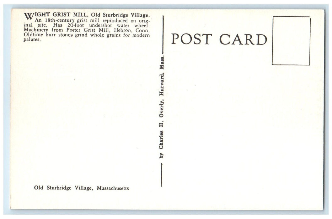 c1940 Wight Grist Mill Old Sturbridge Village Massachusetts MA Unposted Postcard