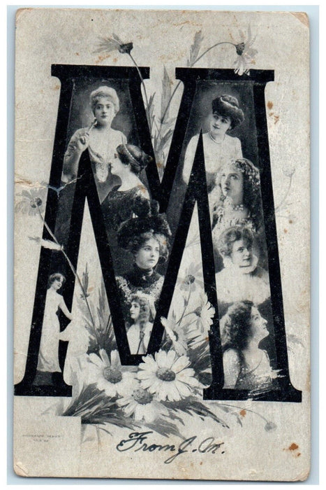1908 Large Letter M Pretty Woman Daisy Flowers Preston Idaho ID Antique Postcard