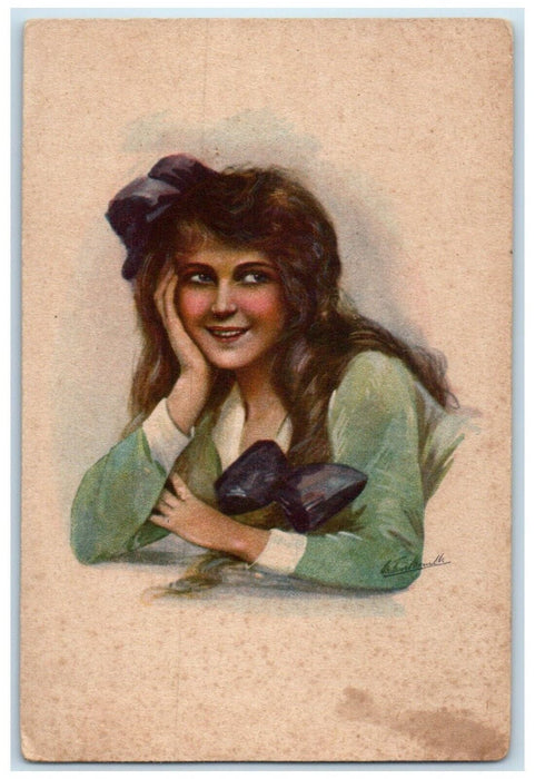 c1910's Pretty Woman Curly Long Hair Bow Ribbon Unposted Antique Postcard