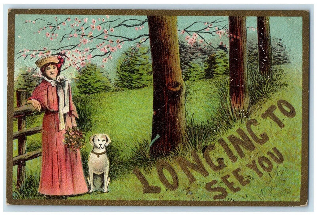 1909 Pretty Woman And Dog Longing To See You Atlanta Georgia GA Antique Postcard