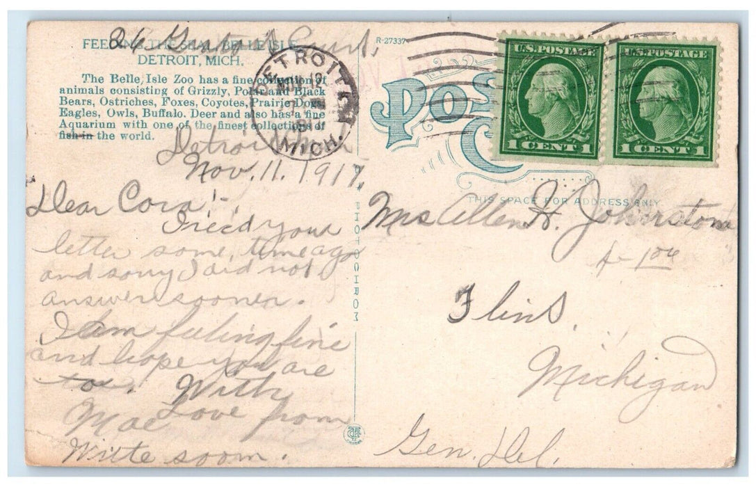 1917 Man Feeding The Seal Belle Isle Detroit Michigan MI Posted Antique Postcard