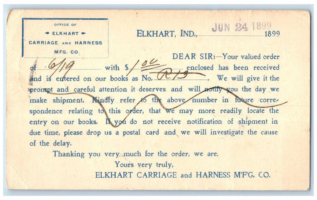 1899 Elkhart Carriage and Harness Mfg Co. Indiana IN Posted Postal Card