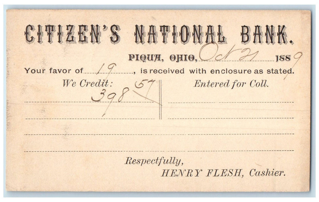 1889 Citizen's National Bank Piqua Ohio OH Posted Antique Postal Card
