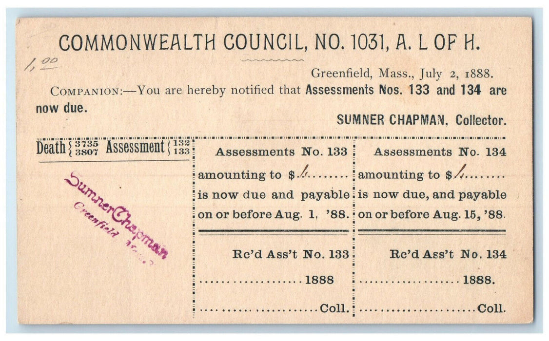 1888 Commonwealth Council No. 1031 A.L. Of H. Greenfield MA Postal Card