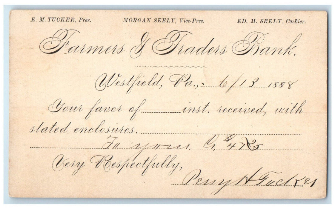1888 Farmers & Traders Bank Westfield Pennsylvania PA Antique Postal Card