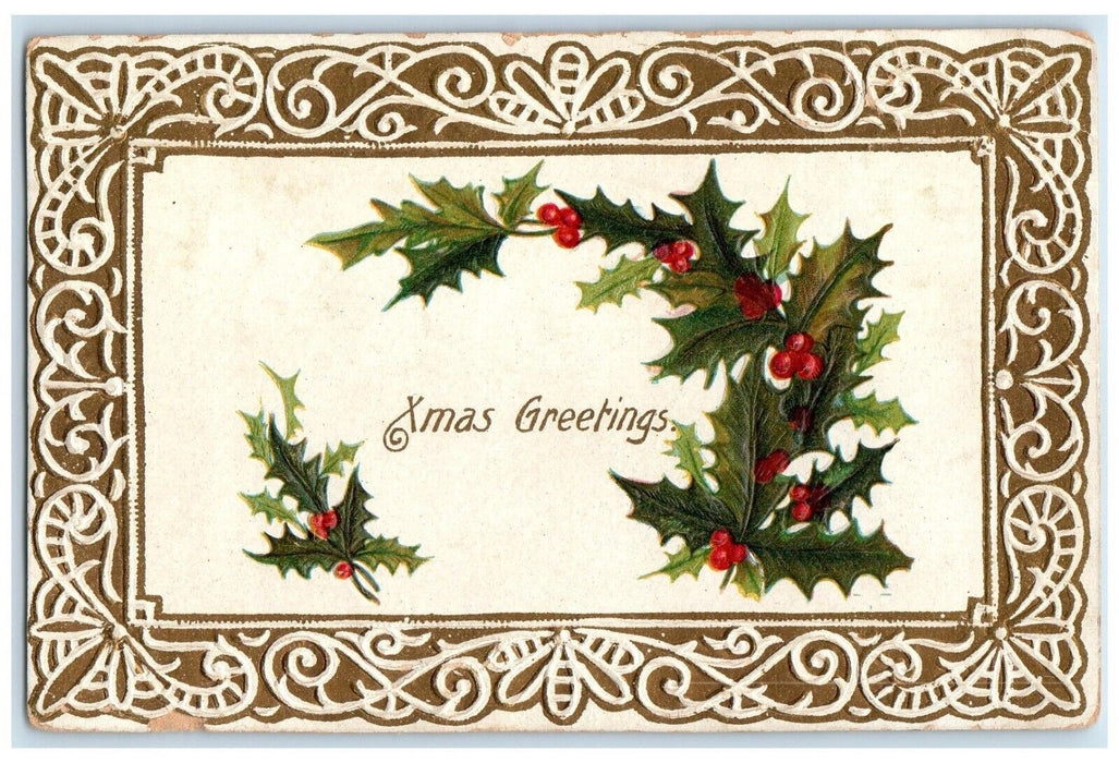 1910 Christmas Greetings Holly Berries Embossed Eddyville Oregon OR Postcard