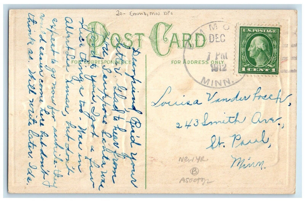 1912 Emmo Minnesota MN To St. Paul Doane Cancel 1 Cent New Year Berries Postcard