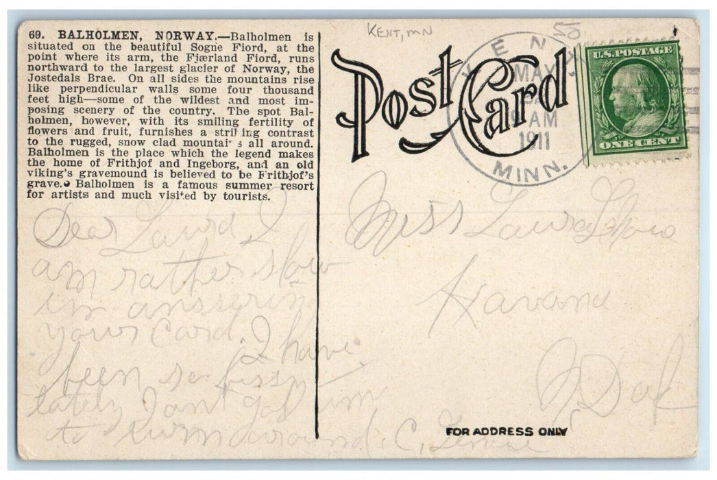 1911 Kent Minnesota MN Havana North Dakota Doane Cancel Balholm Norway Postcard