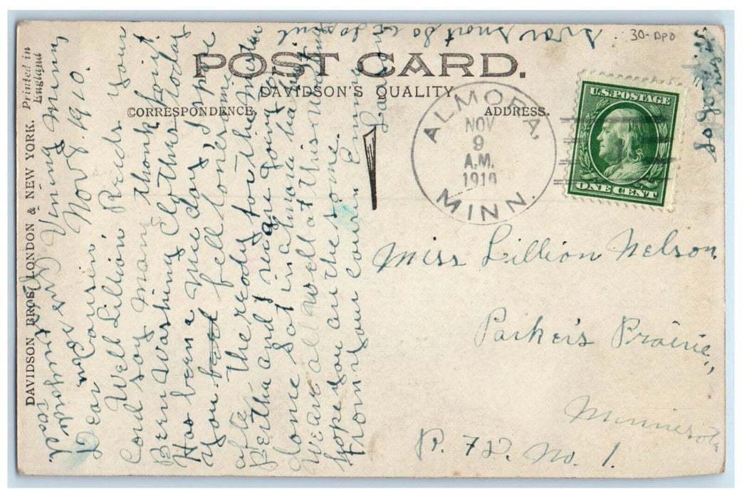 1910 Almora Minnesota MN To Parker's Prairie DPO Doane Cancel 1 Cent Postcard