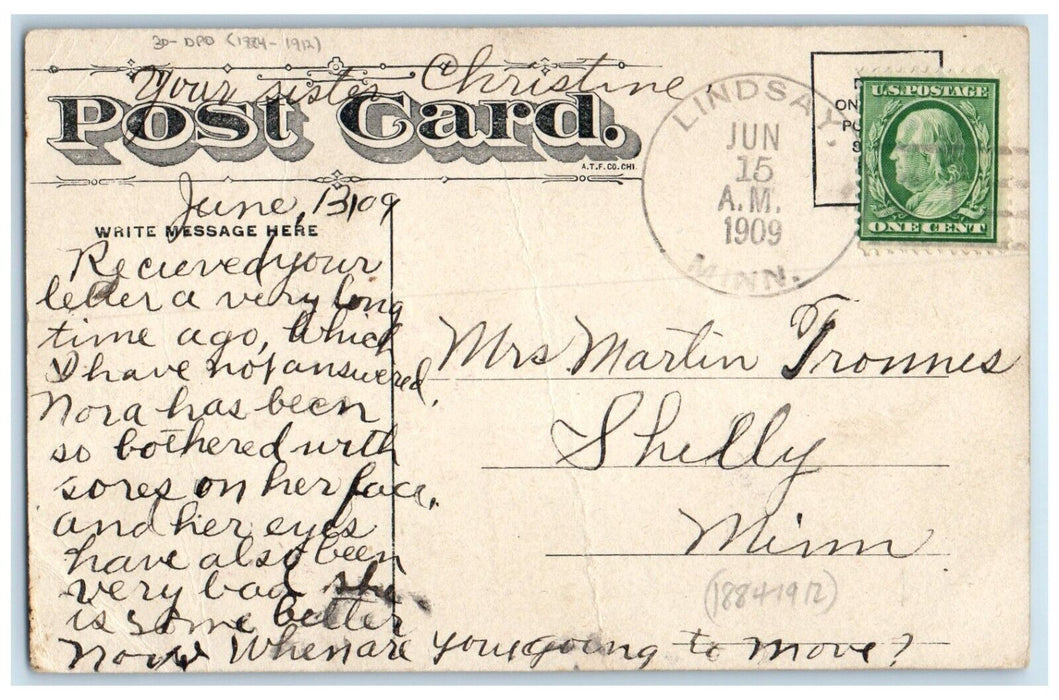 1909 Lindsay Minnesota MN To Shelly DPO 1884-1912 Doane Cancel 1 Cent Postcard
