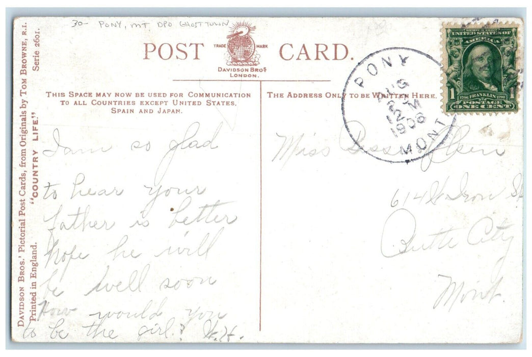 1908 Pony Montana MT To Butte City DPO Ghost Town Duplex Cancel 1 Cent Postcard