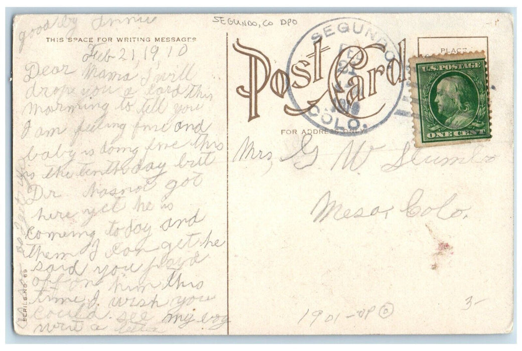 1910 Segundo Colorado CO To Mesa DPO Doane Cancel 1 Cent Mr. Good Postcard
