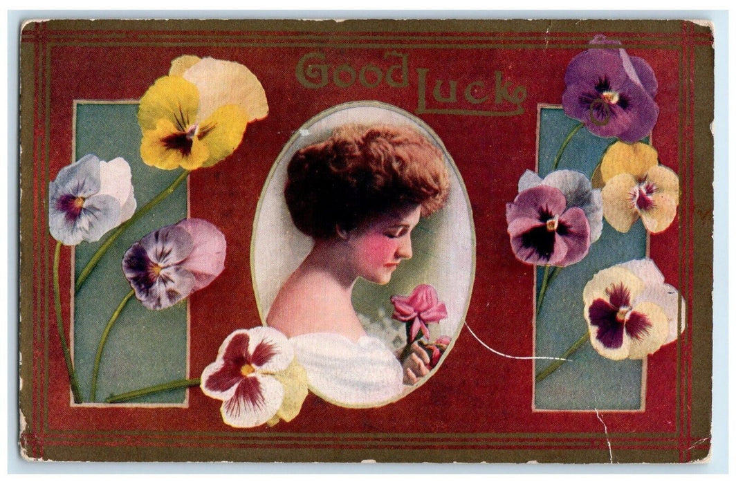 1910 Woods Minnesota MN DPO Doane Cancel Good Luck Pretty Woman Flowers Postcard