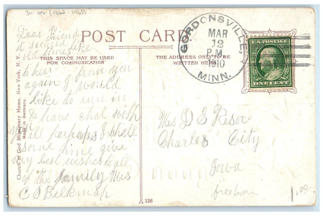 1910 Gordonsville Minnesota MN Charles City Iowa IA DPO 1862-1965 Postcard