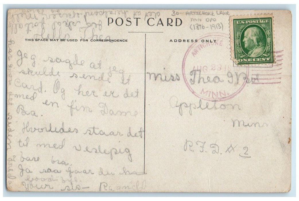 1910 Artichoke Lake Minnesota MN To Appleton DPO 1896-1913 Girl Bonnet Postcard