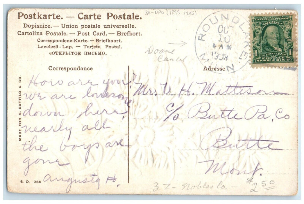 1908 Round Lake Minnesota MN To Butte DPO 1895-1905 Doane Cancel Postcard