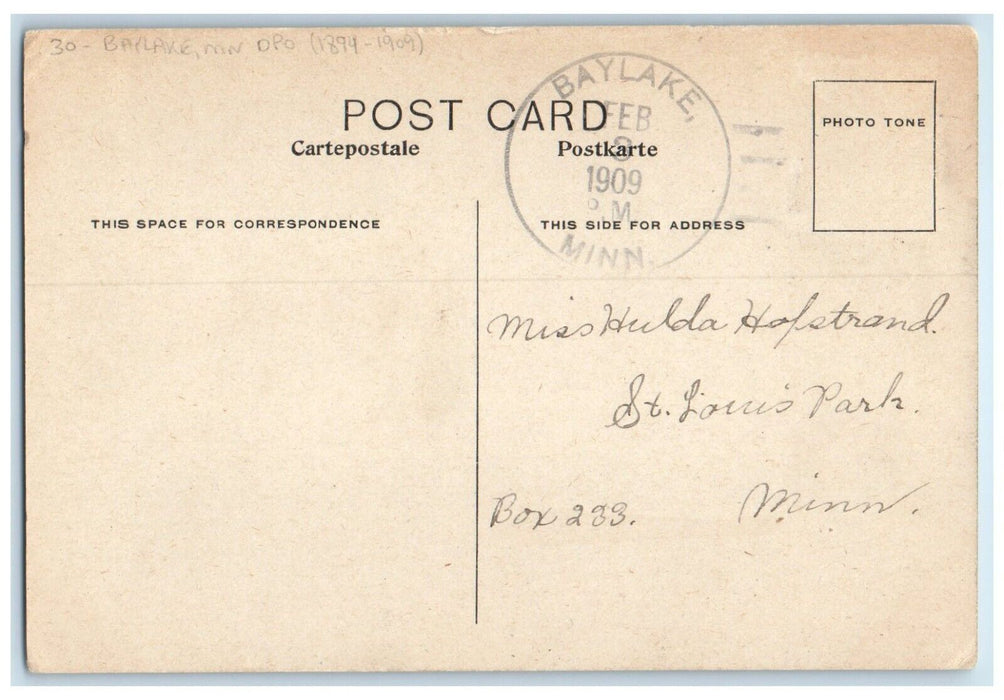 1909 Baylake Minnesota MN To St. Louis Park DPO 1894-1909 Suspense Postcard