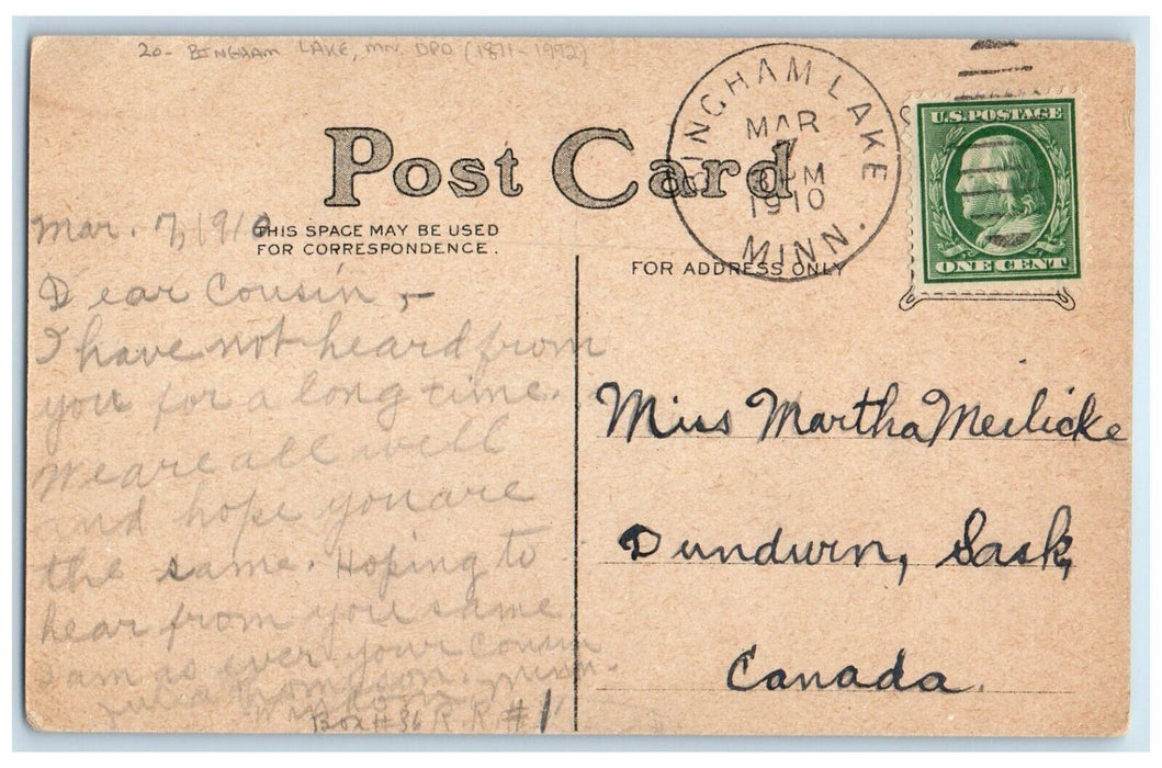 1910 Bingham Lake Minnesota MN Dundurn Sask Canada Duplex Cancel 1 Cent Postcard