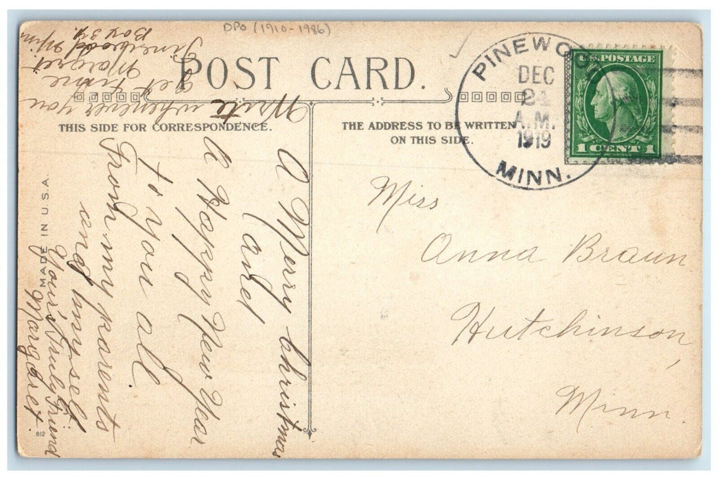 1919 Pinewood Minnesota MN Hutchinson DPO 1910-1986 Doane Cancel Postcard