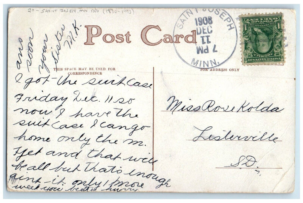 1908 Saint Joseph Minnesota MN Listerville South Dakota DPO 1870-1993 Postcard