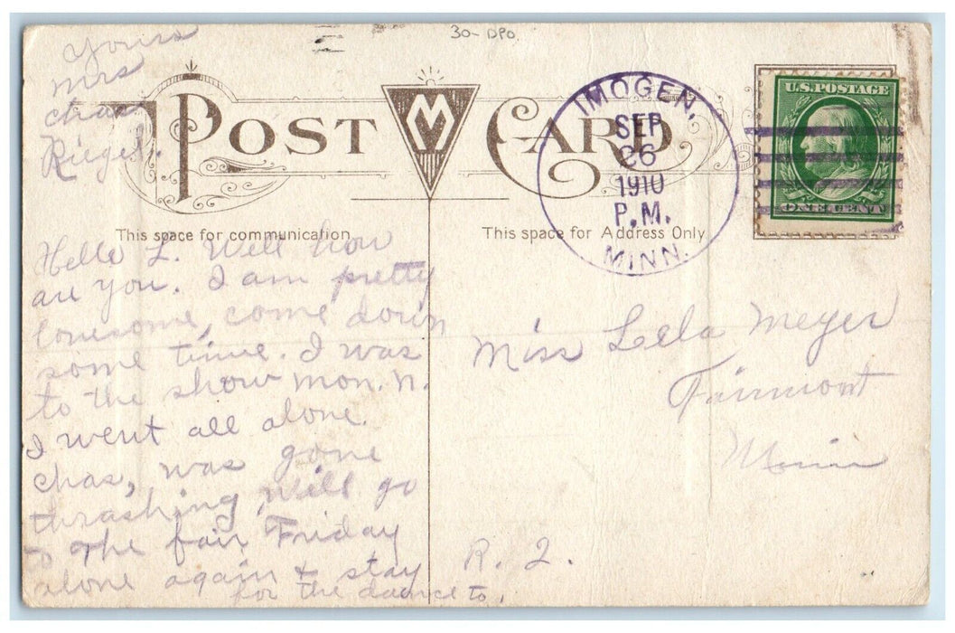 1910 Imogen Minnesota MN To Fairmont DPO Doane Cancel 1 Cent Flowers Postcard