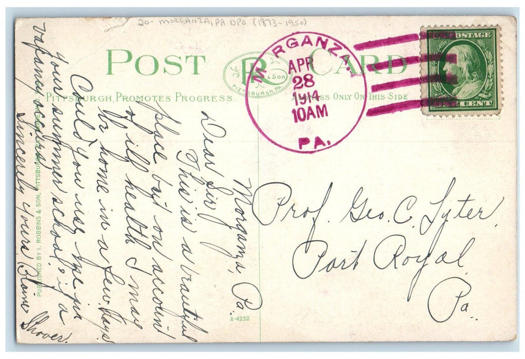 1914 Morganza Pennsylvania PA DPO Port Royal 1873-1950 Doane Cancel Postcard