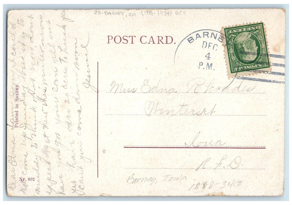 c1910's Barney Iowa IA 1888-1934 DPO Doane Cancel 1 Cent Couple Romance Postcard