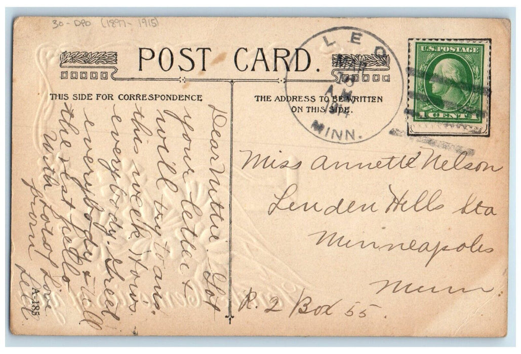 1914 Leo Minnesota MN To Minneapolis DPO 1897-1915 Doane Cancel 1 Cent Postcard