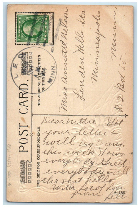 1914 Leo Minnesota MN To Minneapolis DPO 1897-1915 Doane Cancel 1 Cent Postcard
