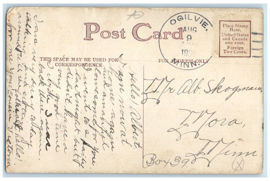 1909 Ogilvie Minnesota MN To Mora Doane Cancel Pink Flowers Postcard