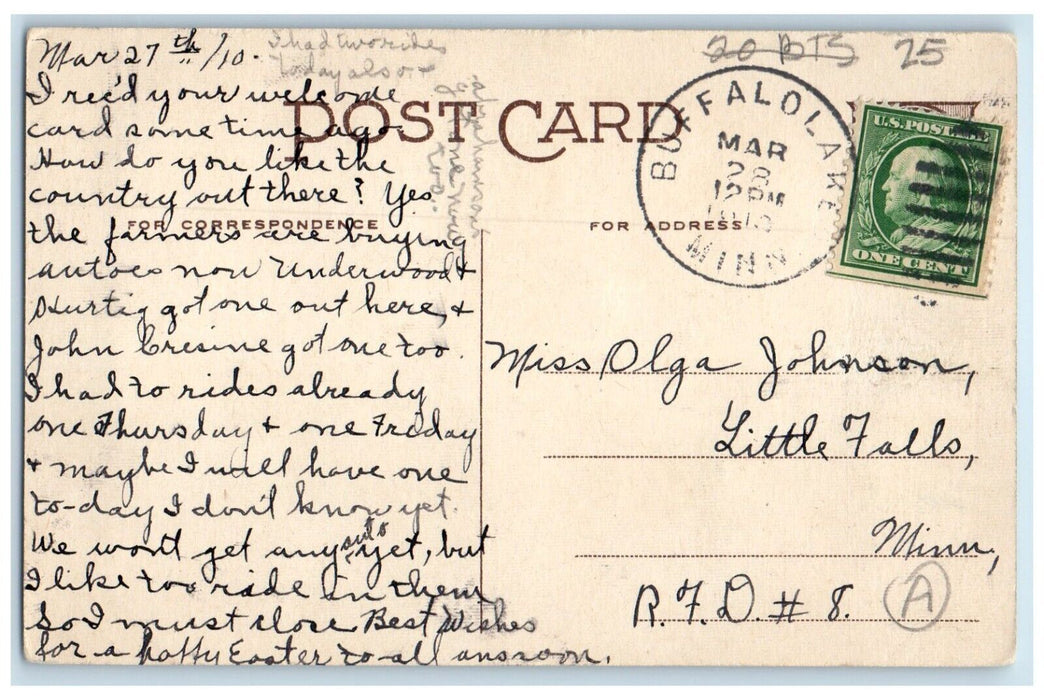 1910 Buffalo Lake Minnesota MN To Little Falls Duplex Cancel 1 Cent Postcard