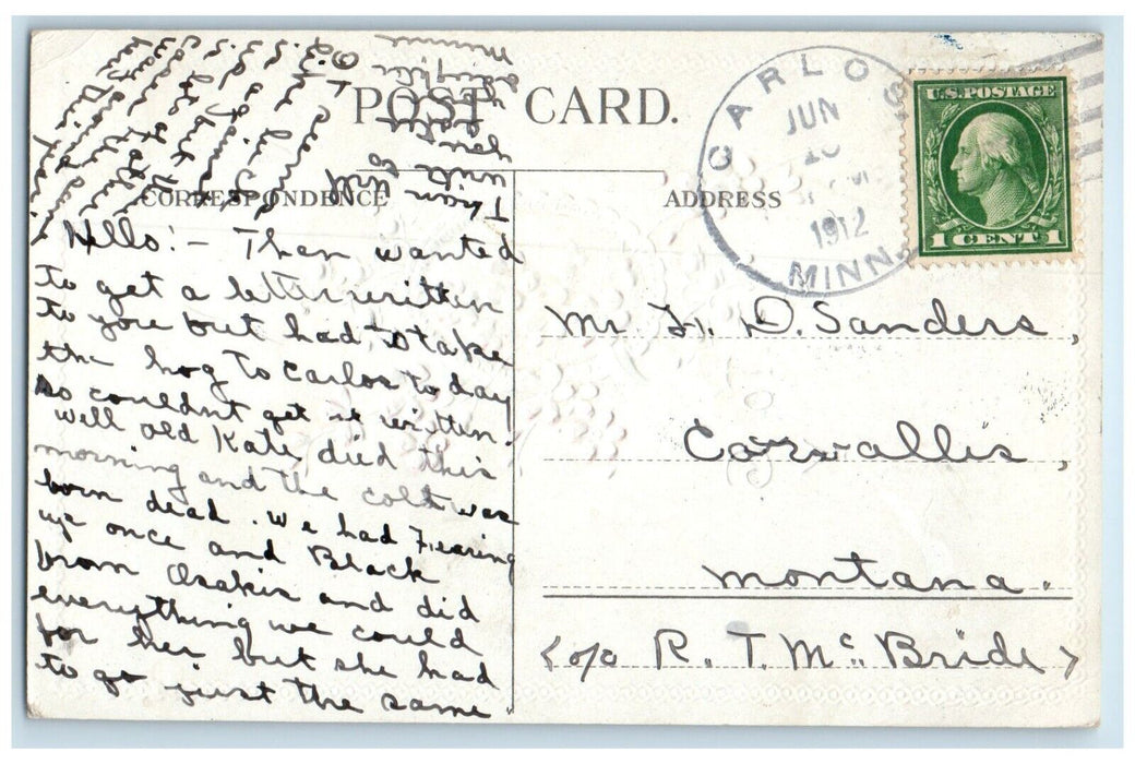 1912 Carlos Minnesota MN Cornwallis Montana MT Doane Cancel 1 Cent Postcard