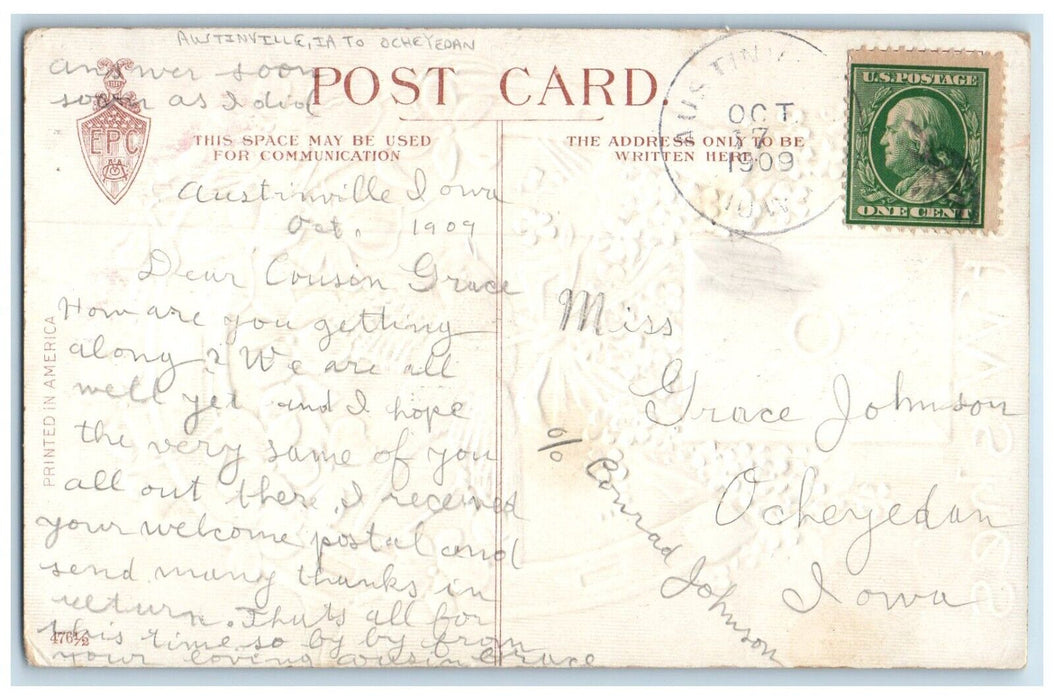 1909 Austinville Iowa IA To Ocheyedan 1 Cent Horseshoe Flowers Bird Postcard