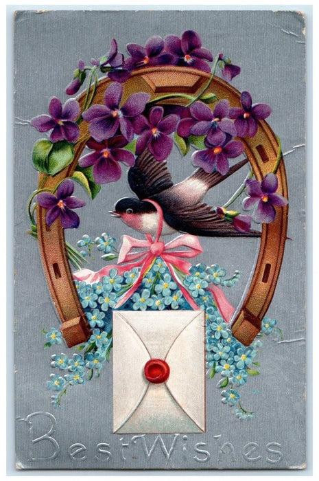 1909 Austinville Iowa IA To Ocheyedan 1 Cent Horseshoe Flowers Bird Postcard