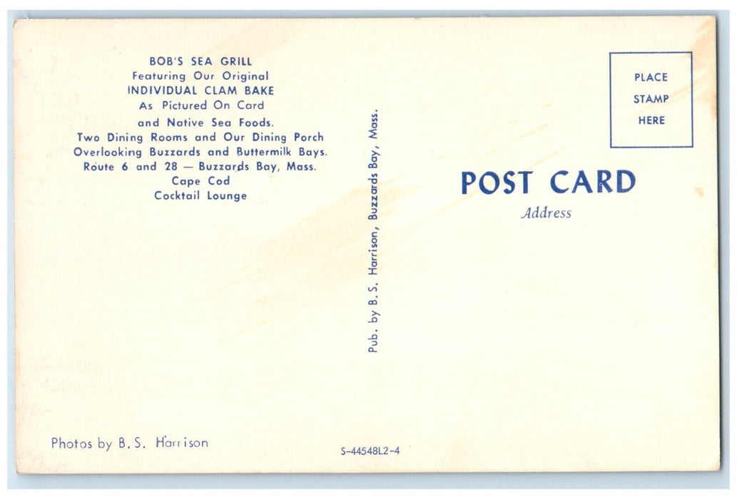 c1950's Bob's Sea Grill Restaurant Seafoods Clam Bake Buzzards Bay MA Postcard