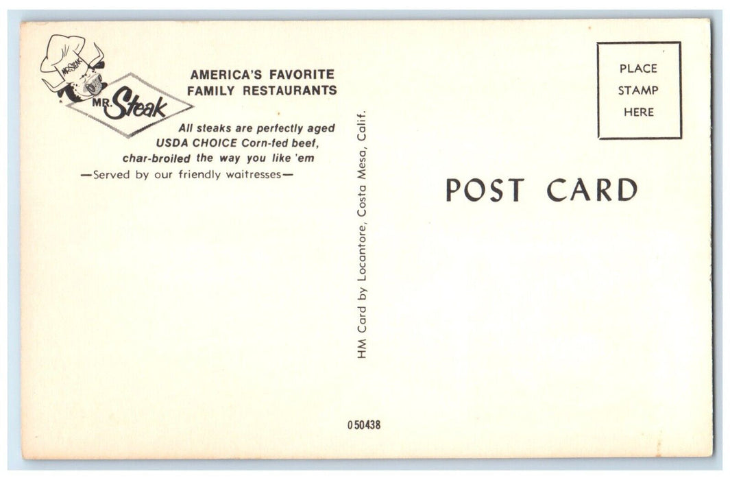 c1950's Mr. Steak Restaurant Dining Room Costa Mesa California CA Postcard