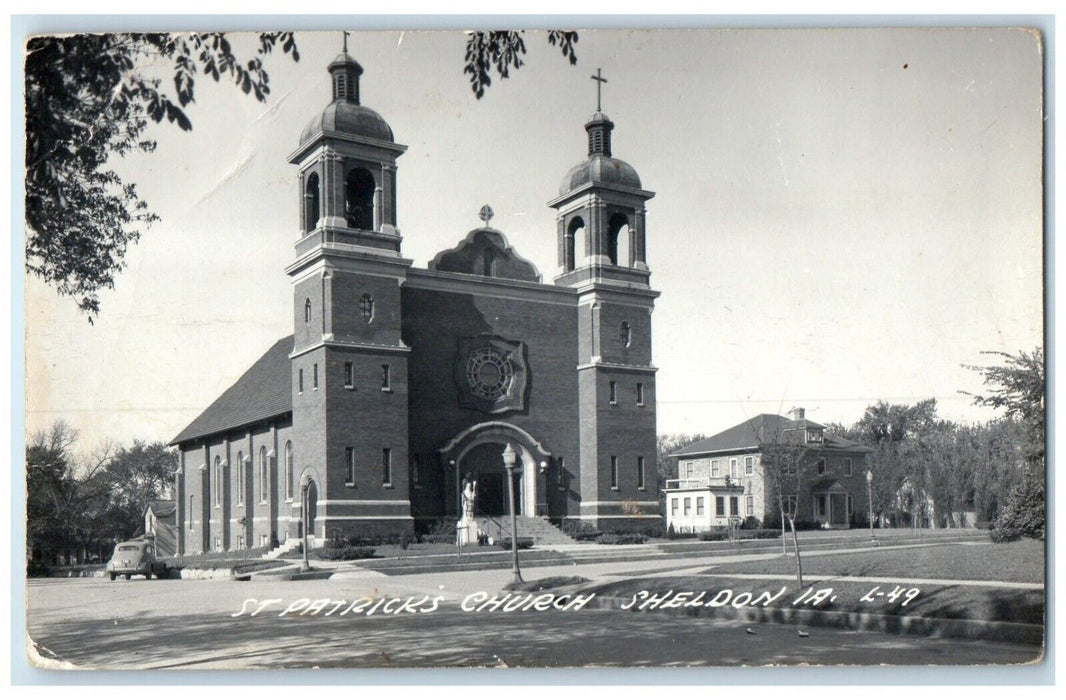 c1940's St. Patrick's Church Car Scene Sheldon Iowa IA RPPC Photo Postcard