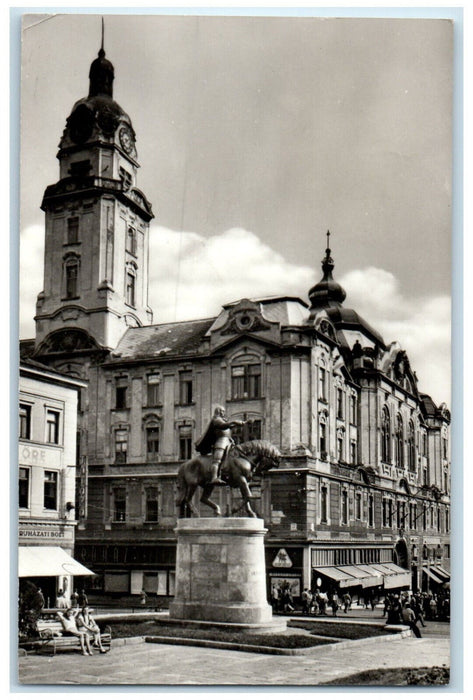1961 Council House with the Hunyadi Statue Hungary RPPC Photo Postcard